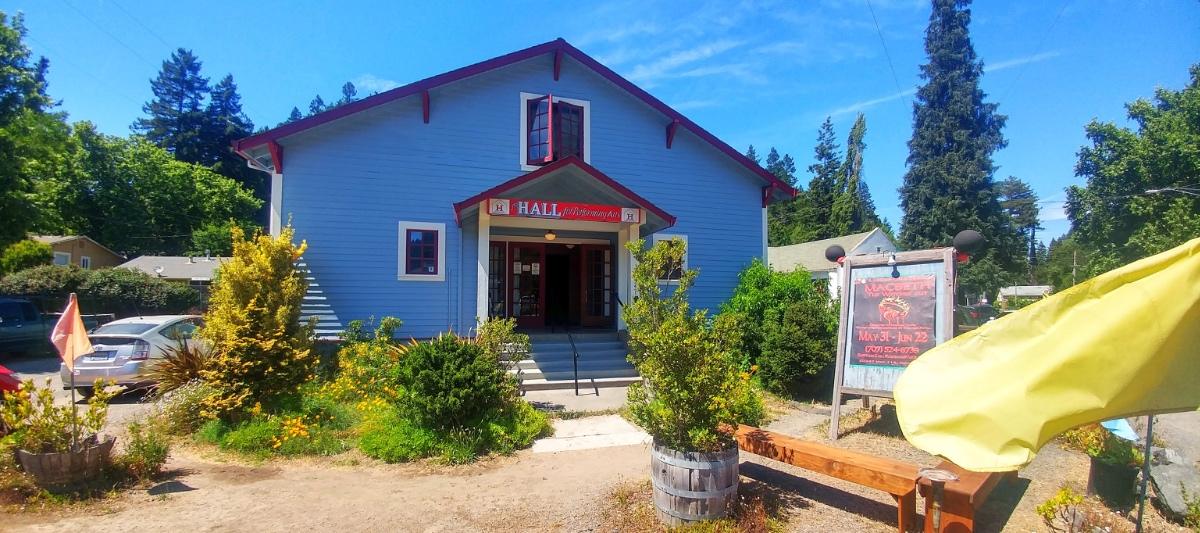 Blue theater building on the Russian River