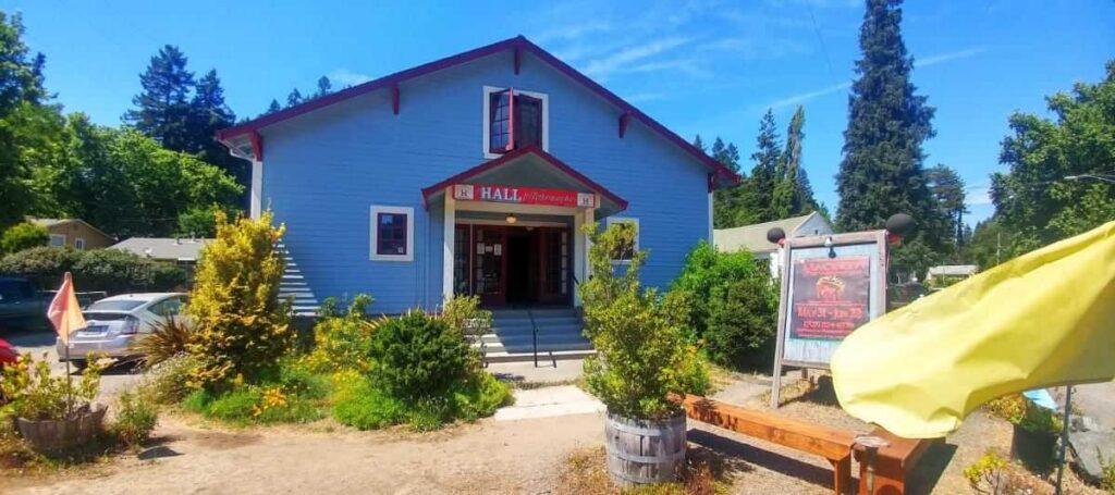 Blue theater building on the Russian River